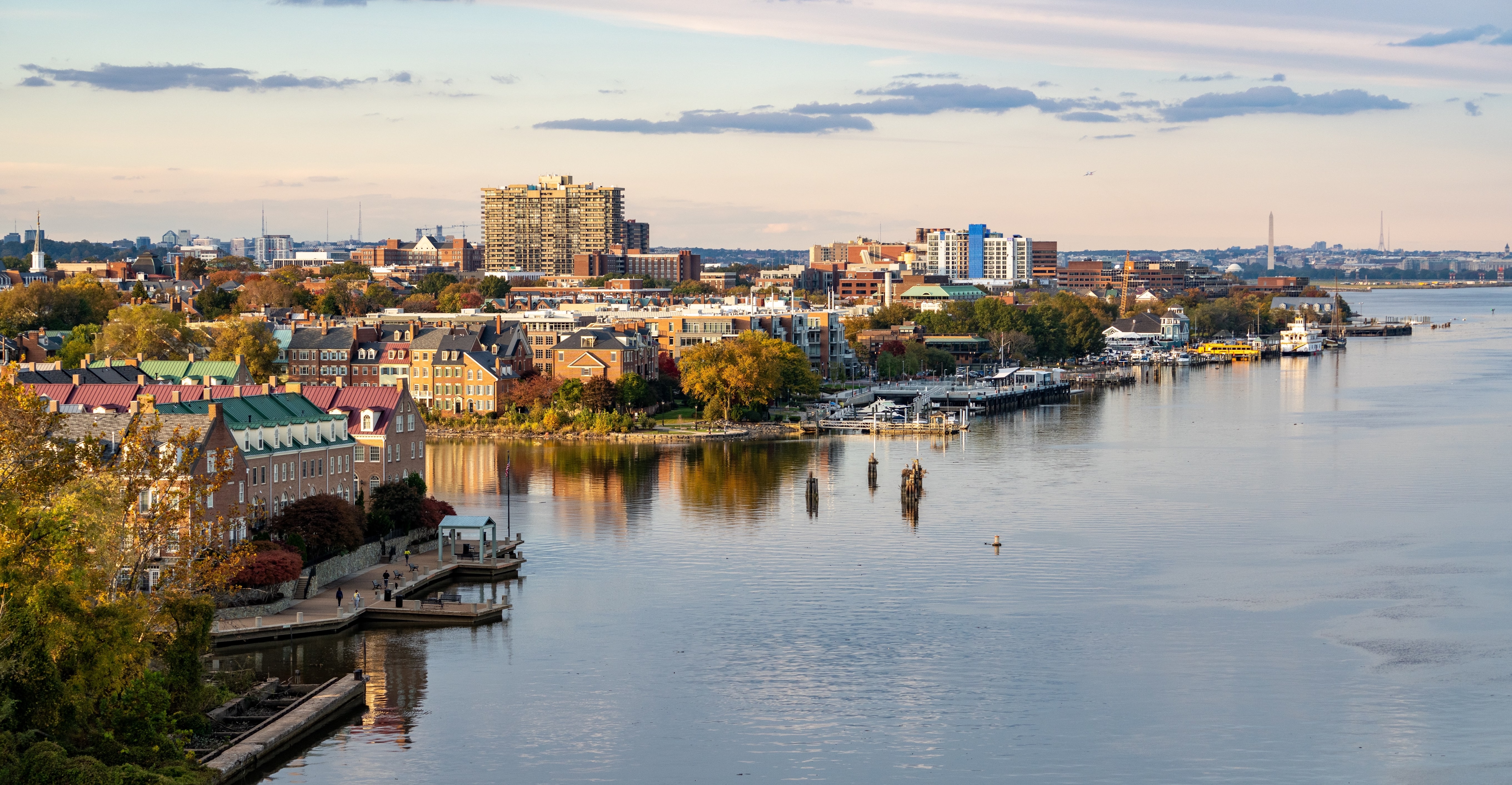 Wide view of the historic city of Alexandria and the waterfront property along the Potomac River in northern Virginia